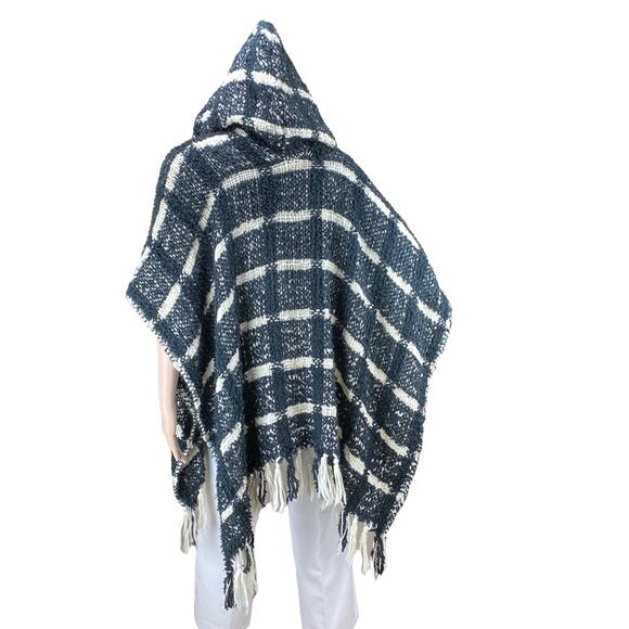 Maurices Women Black White Plaid Fringed Open Front Cardigan Hooded Poncho OS - Picture 5 of 6